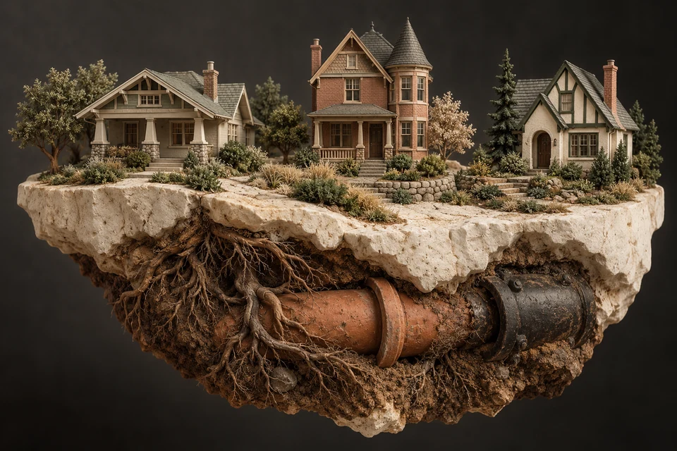 Conceptual illustration of older housing · clay sockets · camera evidence
