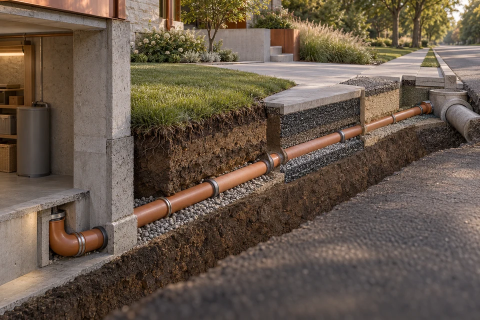 Conceptual illustration of building outlet · lot crossing · public boundary
