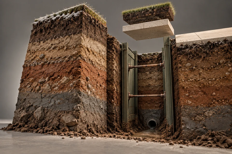 Conceptual illustration of excavation · new pipe · surface restoration